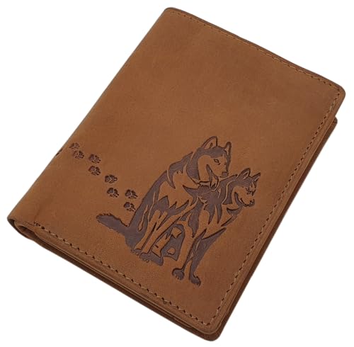 myledershop Echt Büffel-Vollleder Geldbörse/Geldbeutel/Portemonnaie/Geldtasche in Hoch- oder Querformat mit Huskies-Motiv und RFID & NFC Schutz (Modell 1 / Hochformat/Cognac) von myledershop