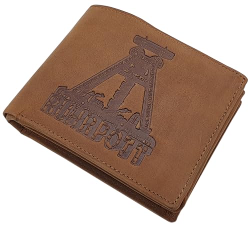 myledershop Echt Büffel-Vollleder Geldbörse/Geldbeutel/Portemonnaie/Geldtasche in Hoch- oder Querformat mit Ruhrpott-Motiv und RFID & NFC Schutz (Modell 2 / Querformat/Cognac) von myledershop