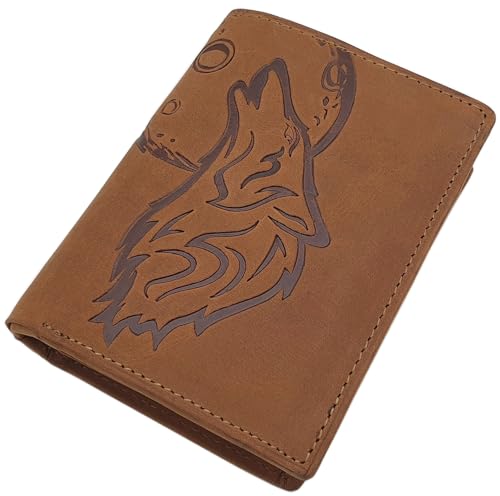 myledershop Echt Büffel-Vollleder Geldbörse/Geldbeutel/Portemonnaie/Geldtasche in Hoch- oder Querformat mit Wolf-Motiv und RFID & NFC Schutz (Modell 1 / Hochformat/Cognac) von myledershop