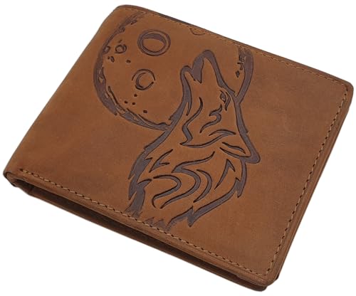 myledershop Echt Büffel-Vollleder Geldbörse/Geldbeutel/Portemonnaie/Geldtasche in Hoch- oder Querformat mit Wolf-Motiv und RFID & NFC Schutz (Modell 2 / Querformat/Cognac) von myledershop