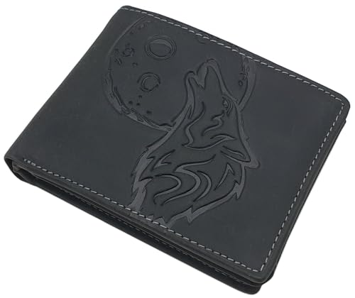 myledershop Echt Büffel-Vollleder Geldbörse/Geldbeutel/Portemonnaie/Geldtasche in Hoch- oder Querformat mit Wolf-Motiv und RFID & NFC Schutz (Modell 2 / Querformat/Schwarz) von myledershop