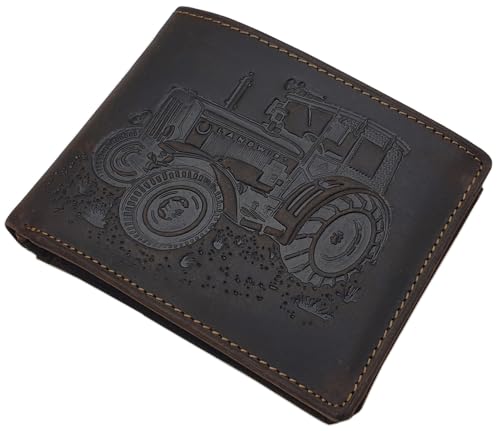 myledershop Echt Büffel-Vollleder Landwirt Geldbörse/Geldbeutel/Portemonnaie/Geldtasche in Hoch- oder Querformat mit Traktor-Motiv und RFID & NFC Schutz (Modell 2 / Querformat/Braun) von myledershop
