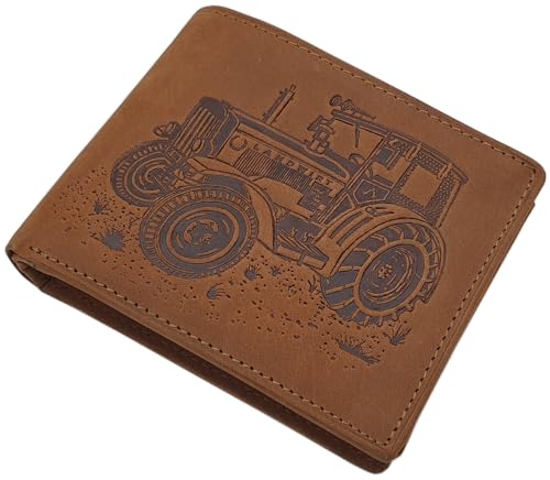 myledershop Echt Büffel-Vollleder Landwirt Geldbörse/Geldbeutel/Portemonnaie/Geldtasche in Hoch- oder Querformat mit Traktor-Motiv und RFID & NFC Schutz (Modell 2 / Querformat/Cognac) von myledershop