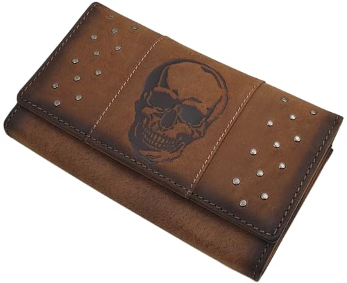 myledershop Große Büffel-Vollleder Damen Geldbörse/Geldbeutel/Portemonnaie/Geldtasche mit Totenkopf-Motiv mit RFID & NFC Schutz (Cognac) von myledershop