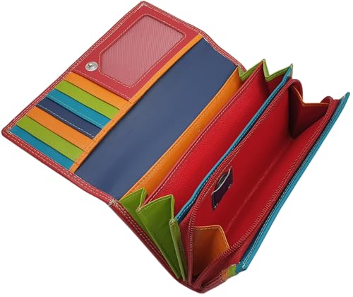 myledershop Große Rind-Nappa Leder Damen Geldbörse/Geldbeutel/Portemonnaie/Geldtasche mit RFID & NFC Schutz Mehrfarbig (Rot) von myledershop