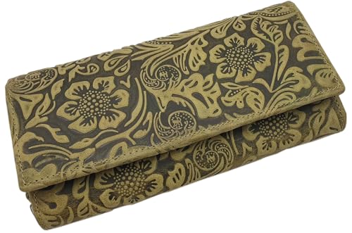 myledershop Große Vollrindleder Damen Geldbörse/Geldbeutel/Portemonnaie/Geldtasche/Portmonee mit Lianen Prägung oder ohne Prägung und RFID & NFC Schutz inkl. Nähset (Lemongrün) von myledershop