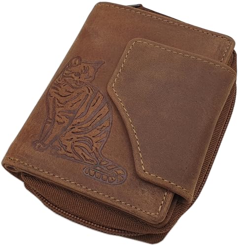 myledershop Kleine Büffel-Vollleder Damen Geldbörse/Geldbeutel/Portemonnaie/Geldtasche in Hochformat mit Katzen-Motiv und RFID & NFC Schutz in Cognac von myledershop