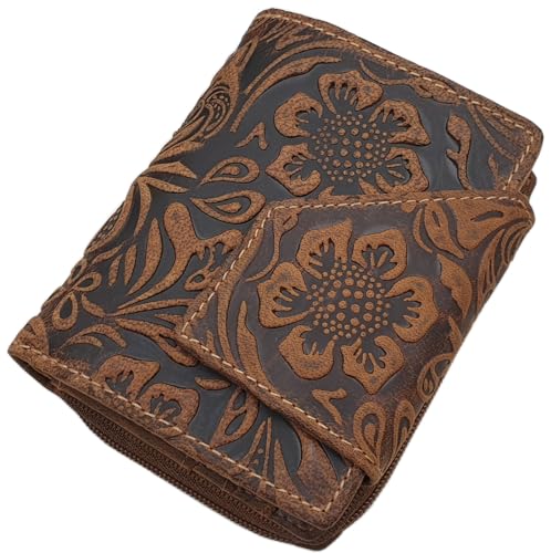 myledershop Kleine Büffel-Vollleder Damen Geldbörse/Geldbeutel/Portemonnaie/Geldtasche in Hochformat mit Lianen Prägung und RFID & NFC Schutz (Mit Lianen Prägung/Cognac) von myledershop