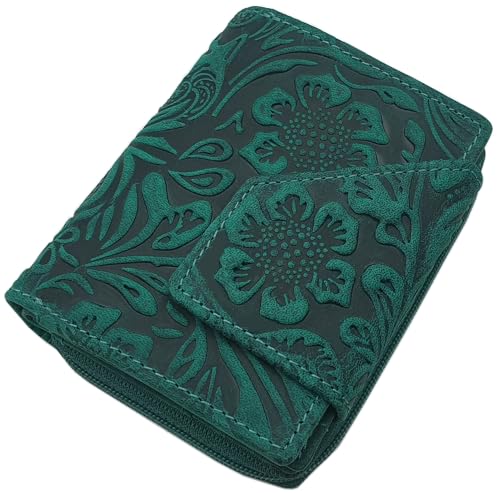 myledershop Kleine Büffel-Vollleder Damen Geldbörse/Geldbeutel/Portemonnaie/Geldtasche in Hochformat mit Lianen Prägung und RFID & NFC Schutz (Petrol) von myledershop