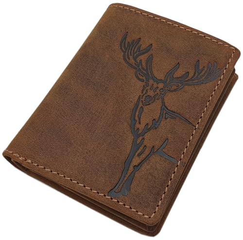 Kleine Echt Büffel-Vollleder Geldbörse/Geldbeutel/Portemonnaie/Geldtasche in Hochformat mit Hirsch-, Wildschwein-, Motorrad- oder LKW-Motiv mit RFID & NFC Schutz (Hirsch-Motiv/Braun) von myledershop