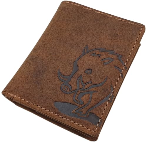 Kleine Echt Büffel-Vollleder Geldbörse/Geldbeutel/Portemonnaie/Geldtasche in Hochformat mit Hirsch-, Wildschwein-, Motorrad- oder LKW-Motiv mit RFID & NFC Schutz (Wildschwein-Motiv/Braun) von myledershop
