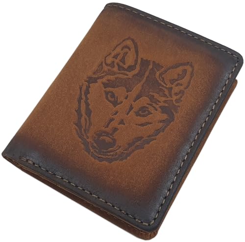 myledershop Kleine Echt Büffel-Vollleder Geldbörse/Geldbeutel/Portemonnaie/Geldtasche in Hochformat mit Husky-Motiv und RFID & NFC Schutz (Cognac) von myledershop