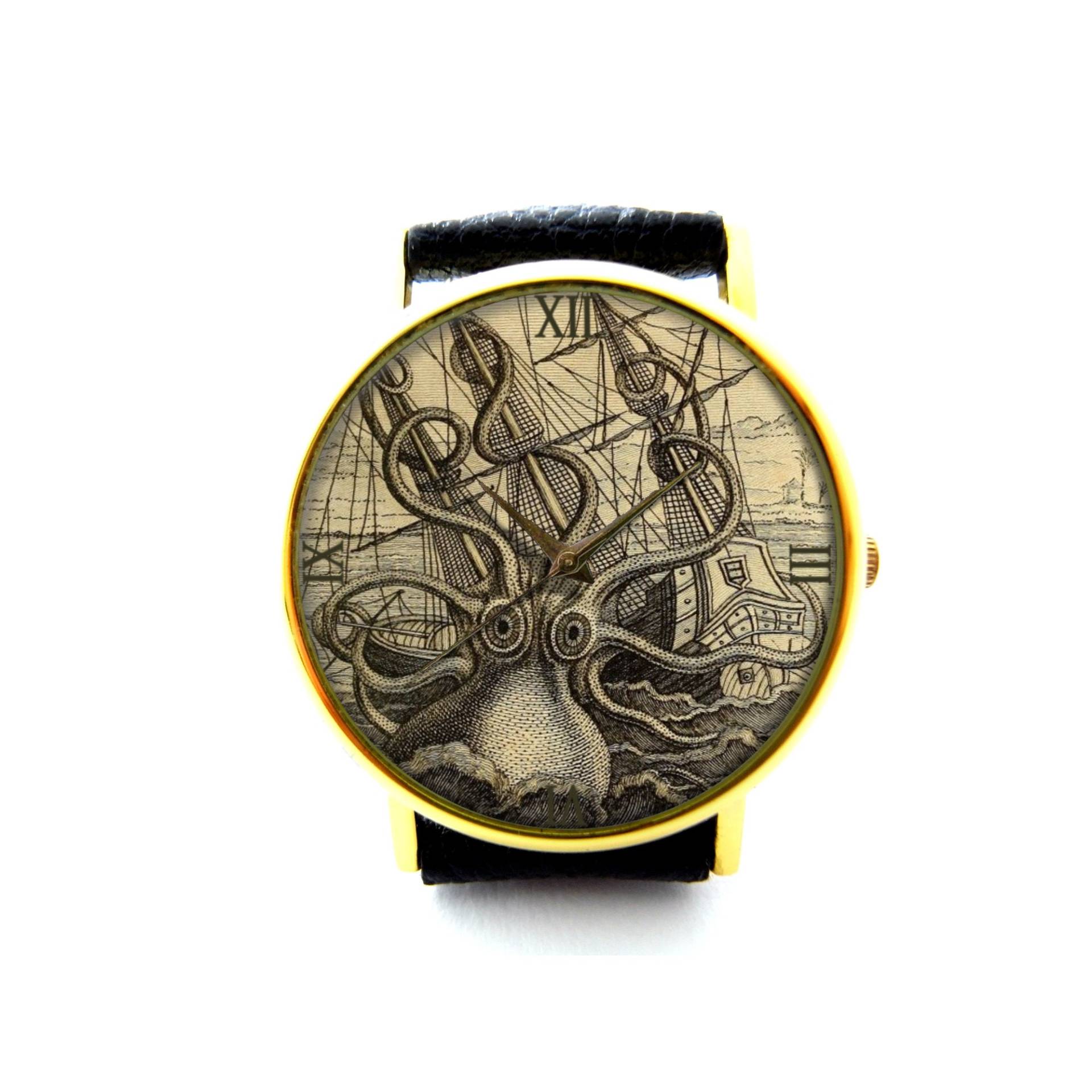 Vintage Kraken Octopus Illustration Lederuhr, Meer Monster Damenuhr, Unisex Uhr, Schmuck von mylittlething4u