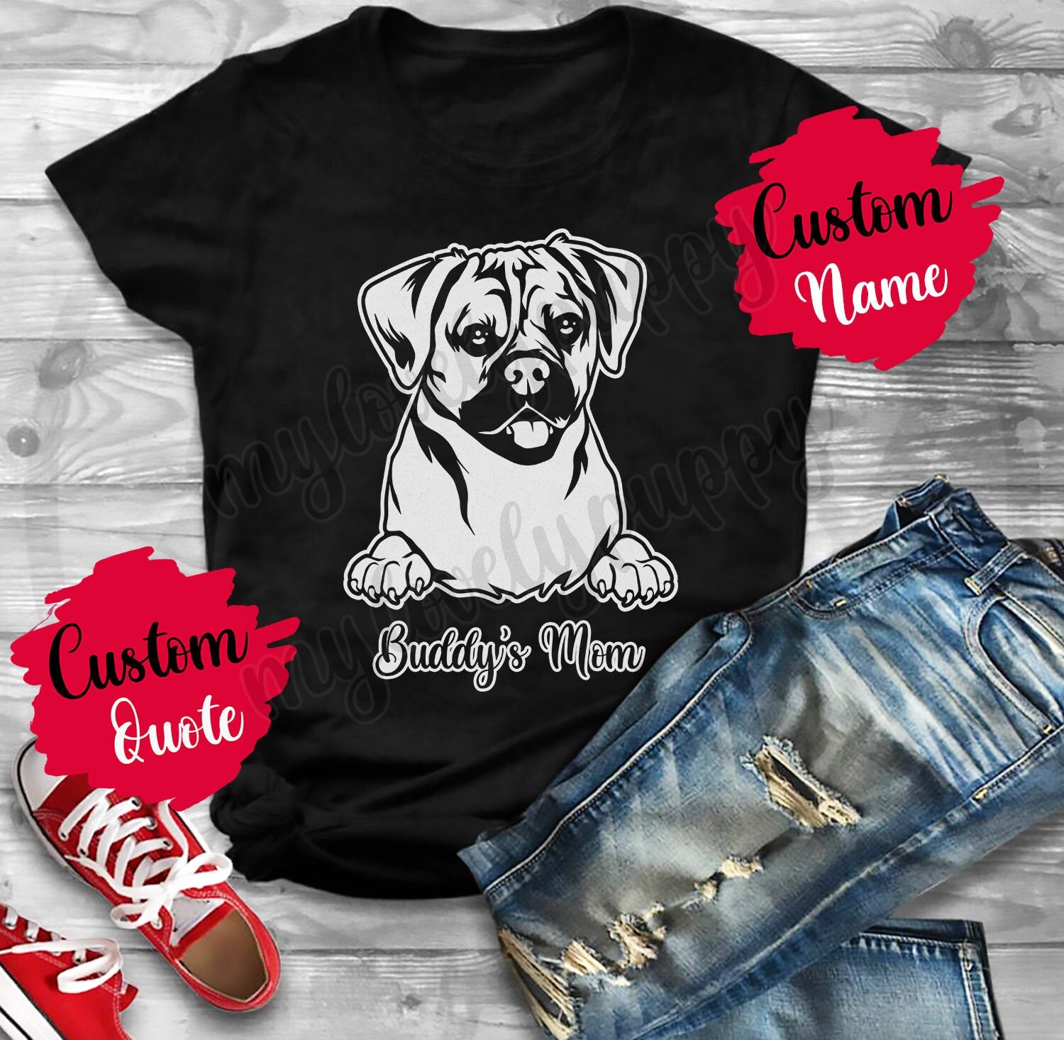 Personalisiertes Puggle Dog Mom Dad T-Shirt, Damen Herren Geschenke, Mama Papa Cross-Breed Mops Und Beagle Hundebesitzer Geschenk, Christmas von mylovelypuppy