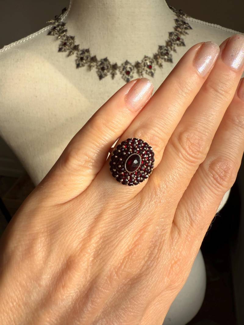 14K Gold Ring Boho Granat Rosenschliff Pyrop Tschechisch 585 Art Deco Vintage Schmuck Einstellbar Band Statement Cluster Geschenk Hochzeitsgeschenk von myoldvintage
