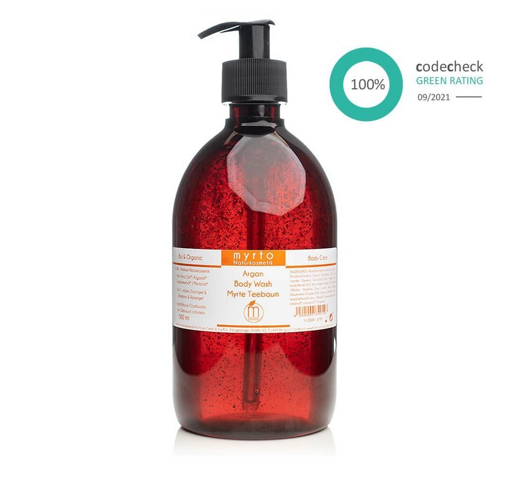myrto Naturkosmetik Duschgel Argan Body Wash Myrte-Teebaum - 500ml Grosspackung, ohne Alkohol, naturreine ätherische Öle, vegan von myrto Naturkosmetik
