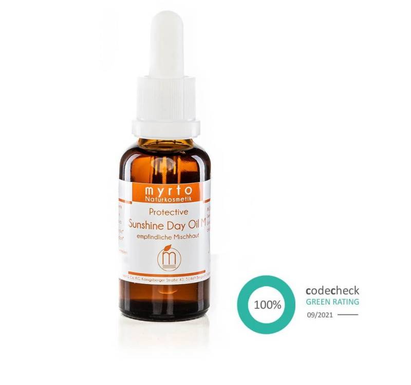 myrto Naturkosmetik Gesichtsöl Protective Sunshine Day Oil - Gesichtsöl mit pflanzlichem Lichtschutz, Codecheck: 100% EMPFEHLENSWERT (grüner Ring), Green Product Award von myrto Naturkosmetik