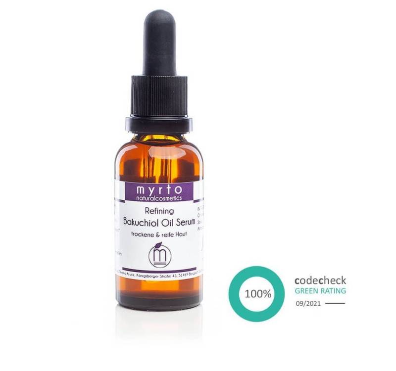 myrto Naturkosmetik Gesichtsserum Refining Bakuchiol Oil Serum - Anti-Aging Ölserum ohne Duftstoffe, Bestbewertung bei Codecheck: 100% EMPFEHLENSWERT (grüner Ring) von myrto Naturkosmetik