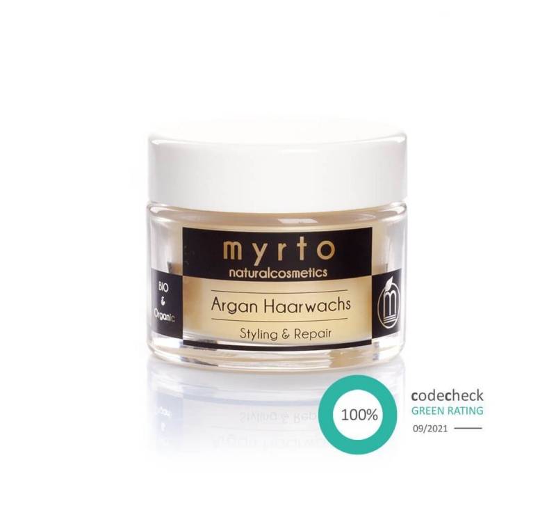 myrto Naturkosmetik Haarbalsam Bio Argan Haarwachs vegan - glättender Finisher für Styling und Repair, Bestbewertung bei Codecheck: 100% EMPFEHLENSWERT (Grüner Ring) von myrto Naturkosmetik