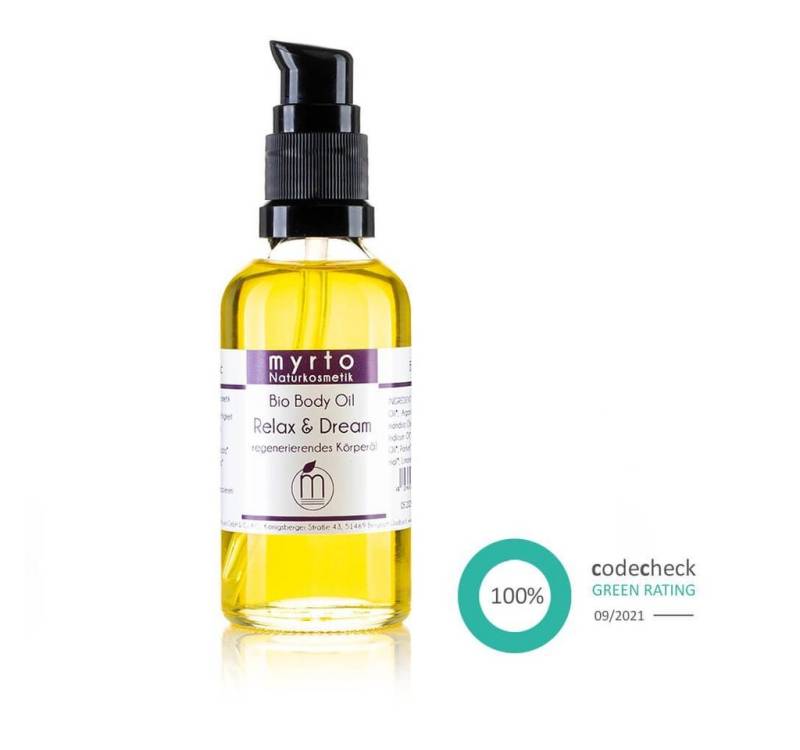 myrto Naturkosmetik Körperöl Relax & Dream - regenerierendes Körperöl mit Argan- und Mandelöl, Bestbewertung bei Codecheck: 100% Grüner Ring EMPFEHLENSWERT von myrto Naturkosmetik