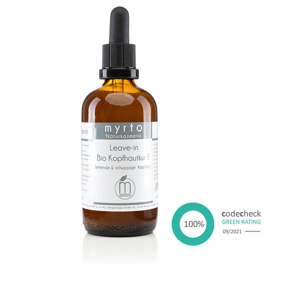 myrto Naturkosmetik Kopfhaut-Pflegeserum Bio Kopfhautkur F - Haarserum gegen fettige Kopfhaut und Schuppen, Bestbewertung bei Codecheck: 100% EMPFEHLENSWERT (grüner Ring) von myrto Naturkosmetik