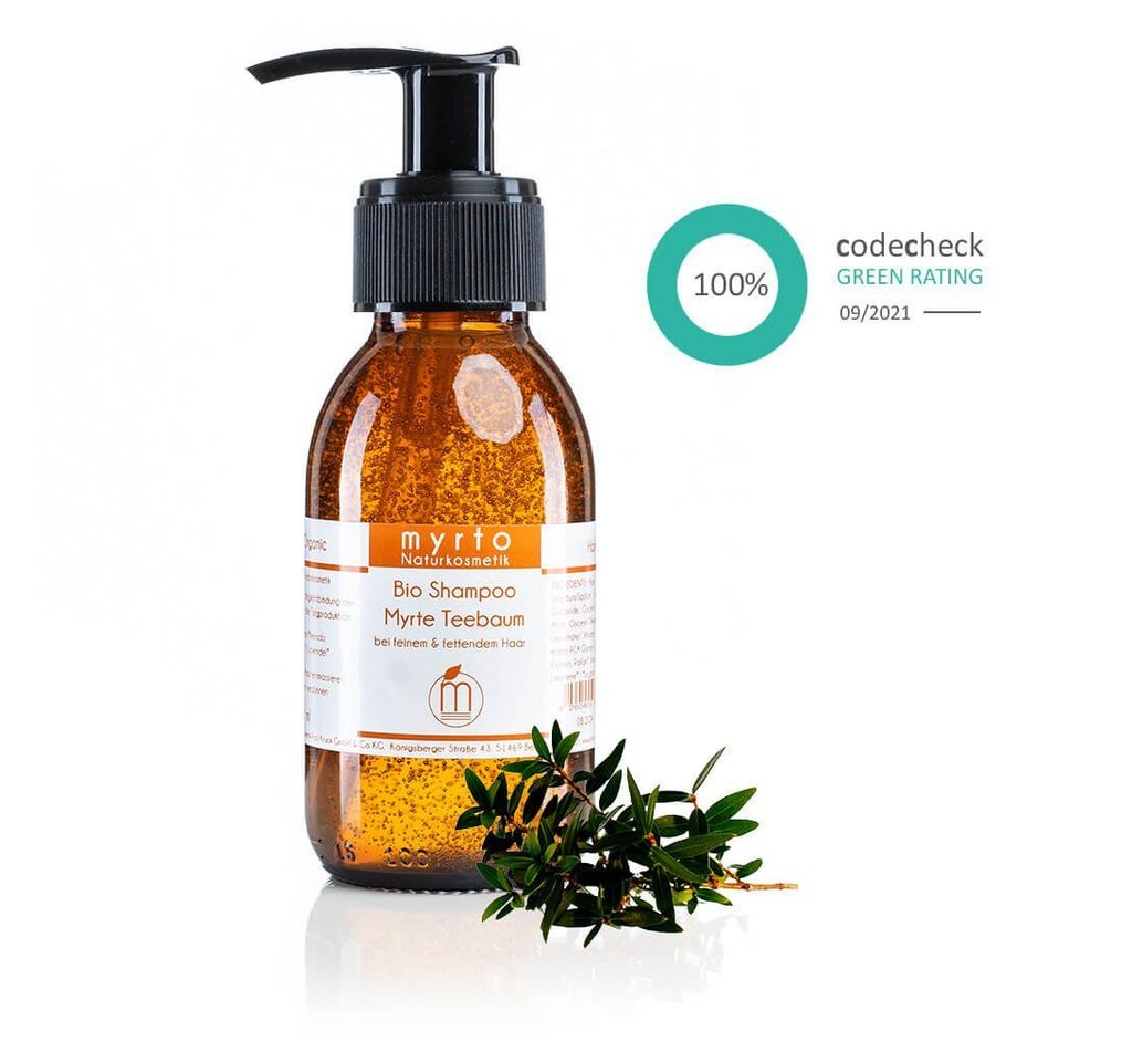 myrto Naturkosmetik Kopfhaut-Pflegeshampoo Natur Bio Shampoo Myrte Teebaum - ausgleichend bei fettiger Kopfhaut, frei von Alkohol, naturreine ätherische Öle, palmölfrei von myrto Naturkosmetik