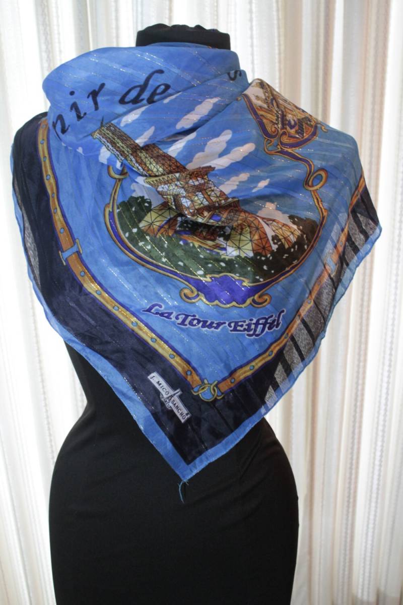 Vtg Große Souvenir Schal J Mico Sancho Paris Aus Polyester La Pyramide Grande Arche Notre Dame Eiffelturm L " Opera Square von myrustygold