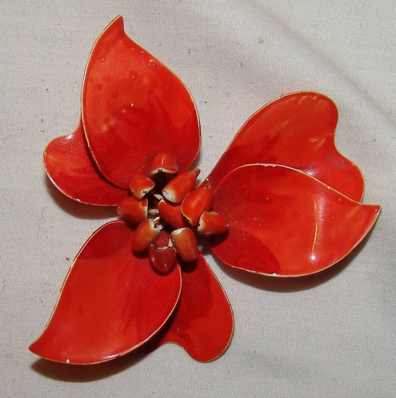 Vtg Kostüm Schmuck Pin Brosche Orange Rote Metall Blume Retro von myrustygold