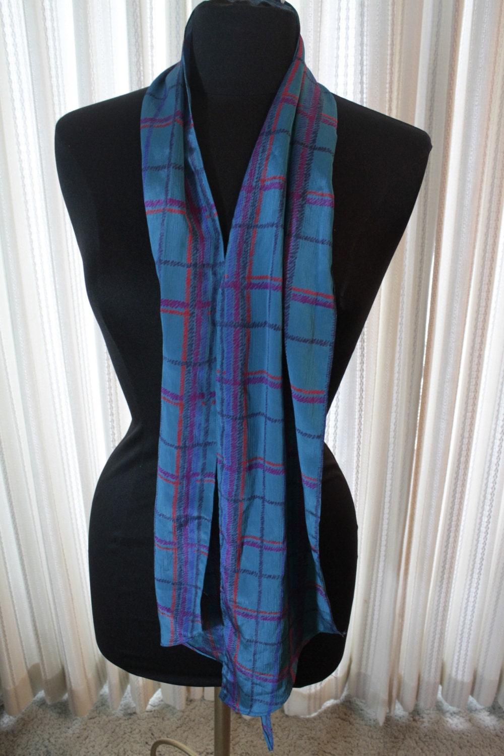 Vtg-Vintage Langer Schal Türkis Blaugrün Zig Zag Karo Print 72 X 7 1/2 "' Womens von myrustygold