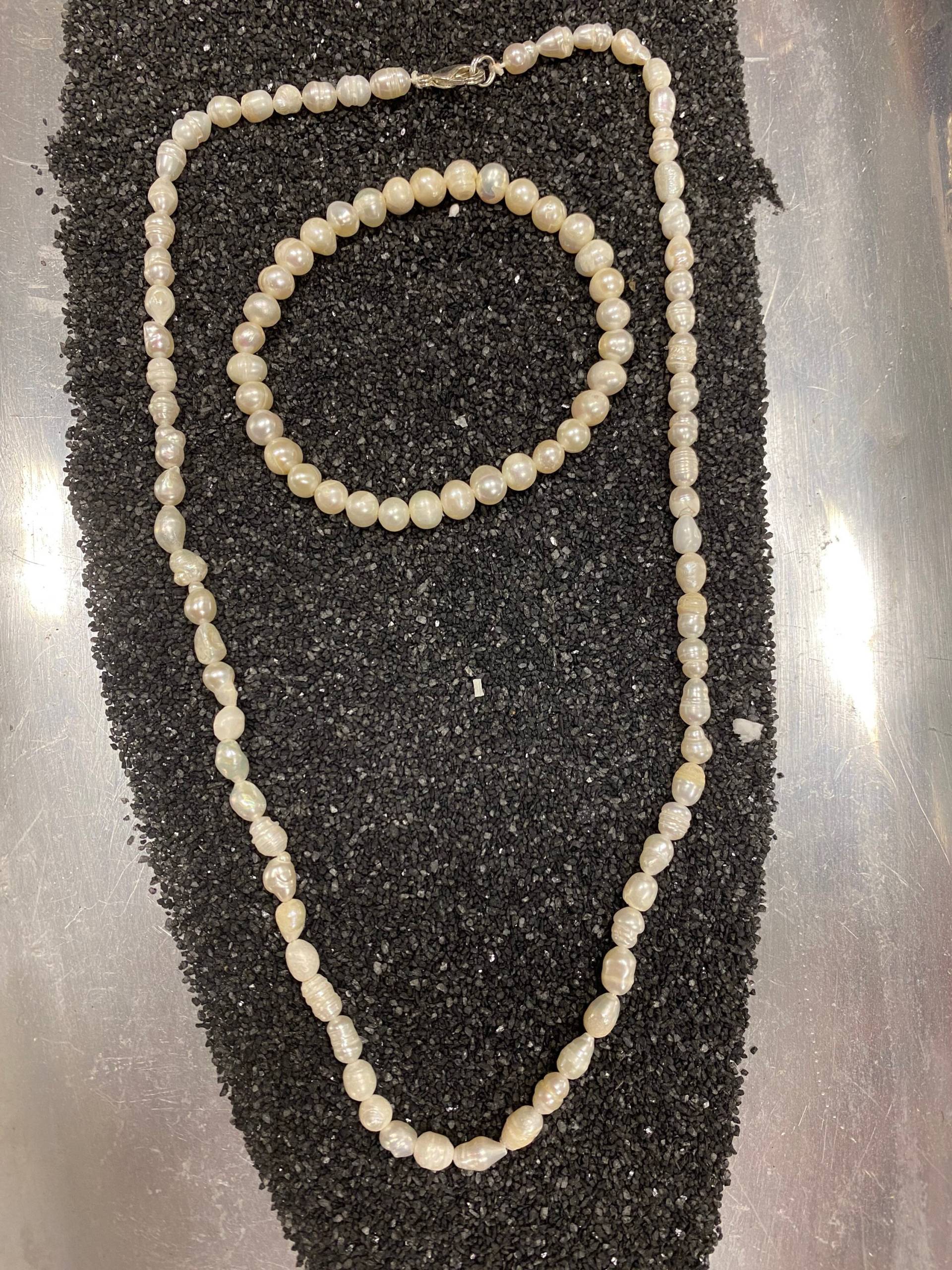 Damen Schmuck Set Perlen Halskette Mit Armband Süßwasser Handgemacht Perlenkette Unikat von mysale24