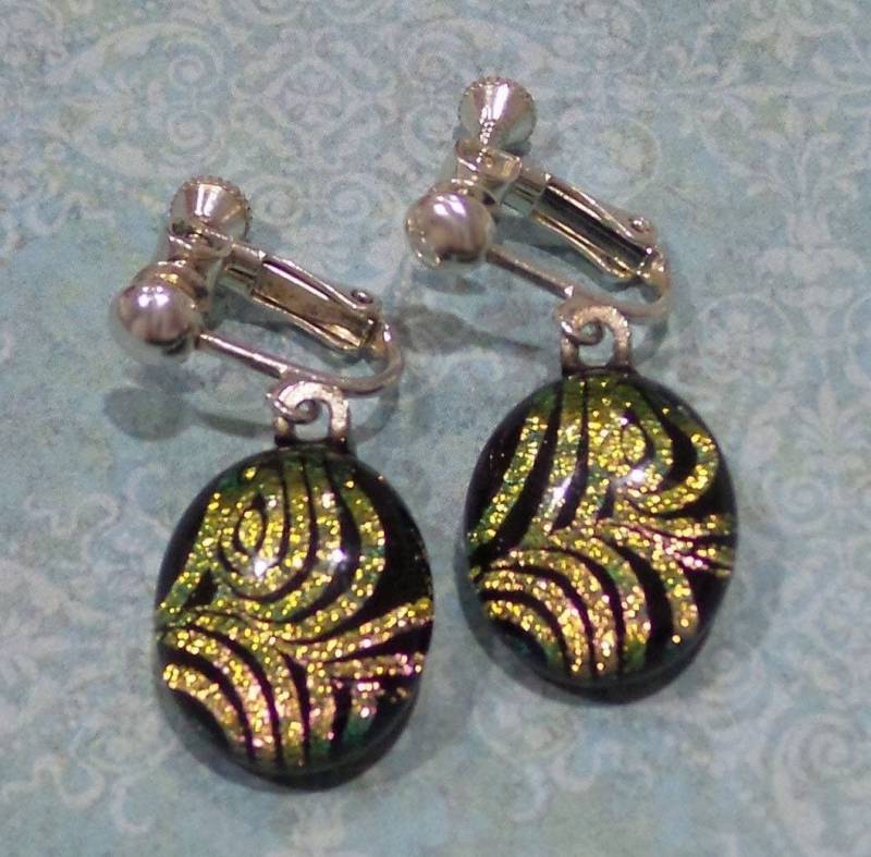 Baumelnde Clips An Ohrringen Schwarz & Gelb Gestreiftes Geschmolzenes Glas, Nicht Durchbohrt - 2182 von mysassyglass