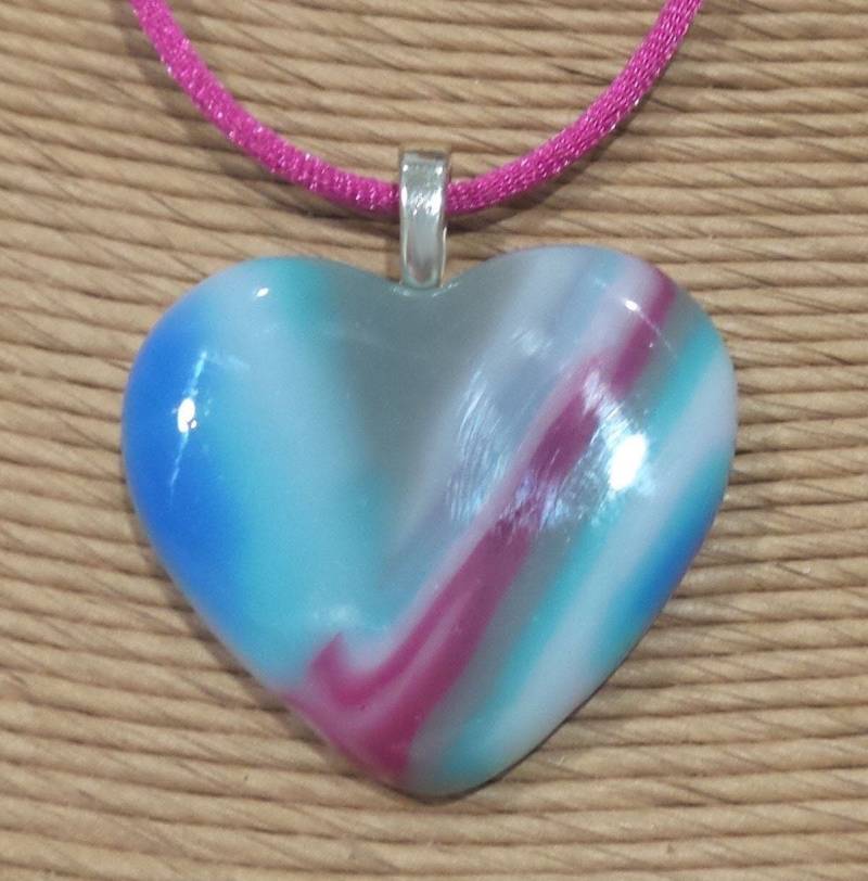 Blau, Grau, Rosa Herz-Halskette, Geschmolzenes Glas-Anhänger, Einzigartiger Schmuck, Bereit Zu Versenden, Valentinsgruß, Geschenk Für Sie, Glas von mysassyglass