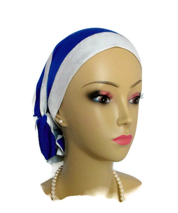 Haar Snood Kobalt Blau Hellgrau Breite Streifen Jersey Strick Turban Chemo Mütze Reg-xl von myscap