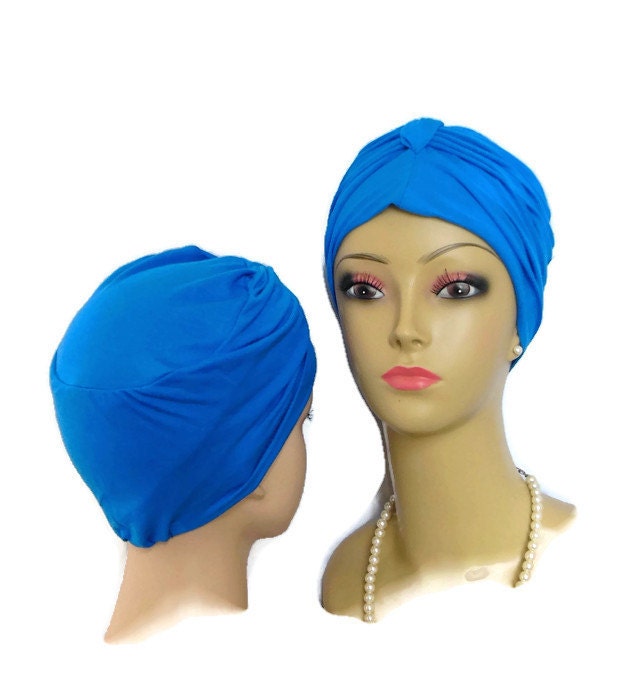 Royalblaue Front Geknotete Jersey Turban Chemo Kopfbedeckung, Krebs-Patient-Hut, Haarbedeckung, Tichel Mitpachat Kopftuch, Yogamütze Sm-Med von myscap