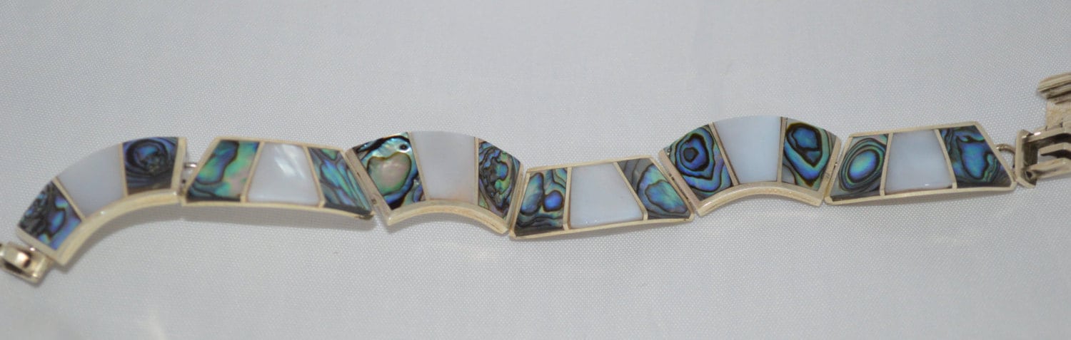 Abalone Und Perlmutt Besetztes Sterling Silber Armband von mysilvershoppe