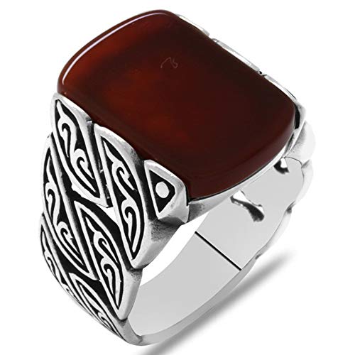 Herren-Ring aus massivem 925er-Sterlingsilber mit Efeu-Design, roter Achat (6,5), Metall, Achat von mysilverworld