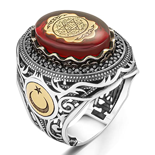 Massives 925er-Sterlingsilber Siegel des Salomons Design in rotem Bernstein Herrenring Metall roter Bernstein, Metall, Roter Bernstein von mysilverworld