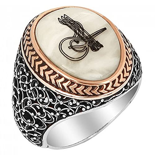 Massives 925er Sterlingsilber Sultan Suleiman Tughra Design auf Perlmutt Herrenring Metall Perlmutt, Metall, Perlmutt Massives 925er Sterlingsilber Sultan Suleiman Tughra Design auf Perlmutt Herrenring Metall Perlmutt, Metall, Perlmutt von mysilverworld