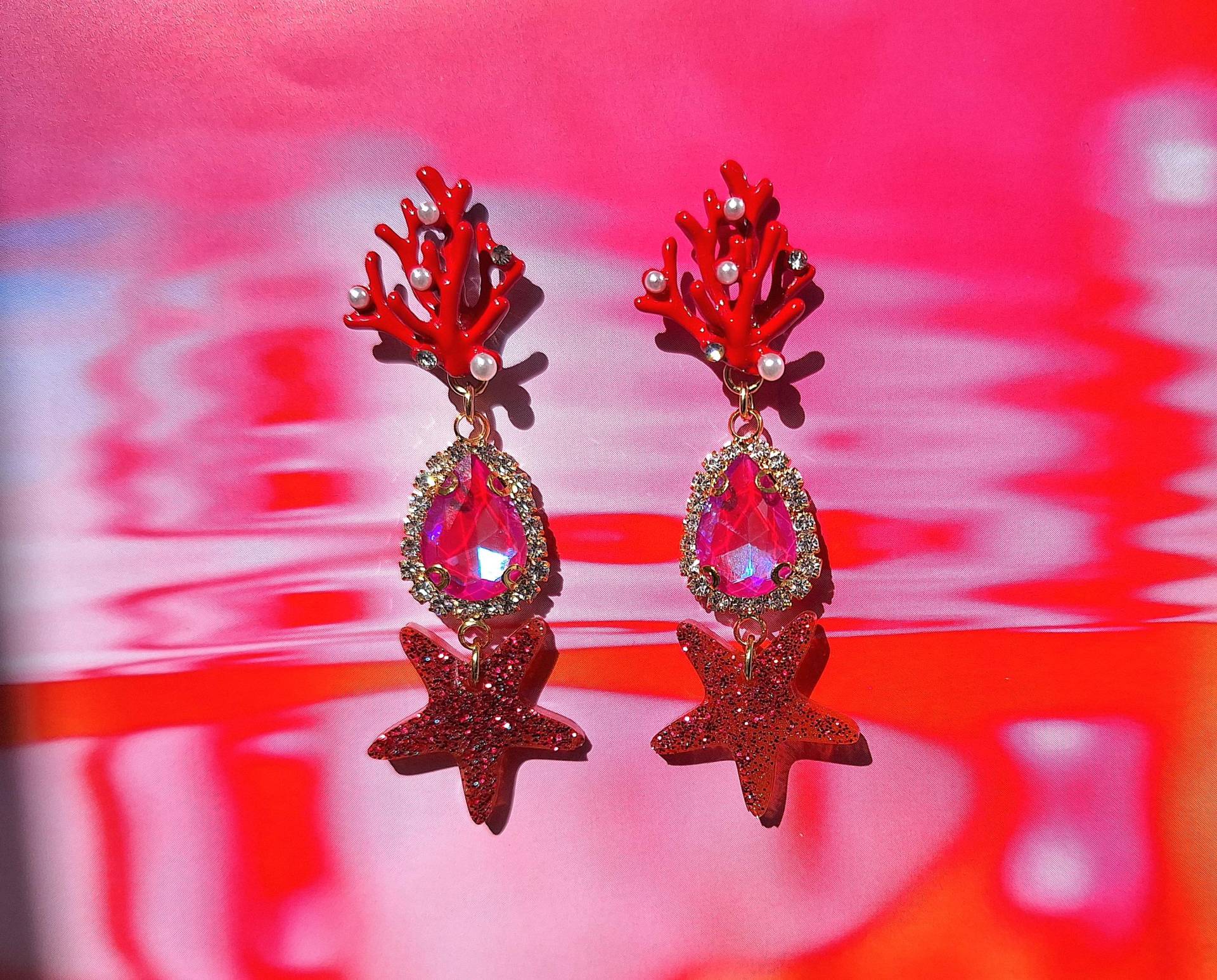 Pink Guava Ohrstecker Emailliert Rot, Koralle, Glasstein, Pink, Stern Kunstharz, Glitzer, Leicht, Charm, Nautisch von mysupermood