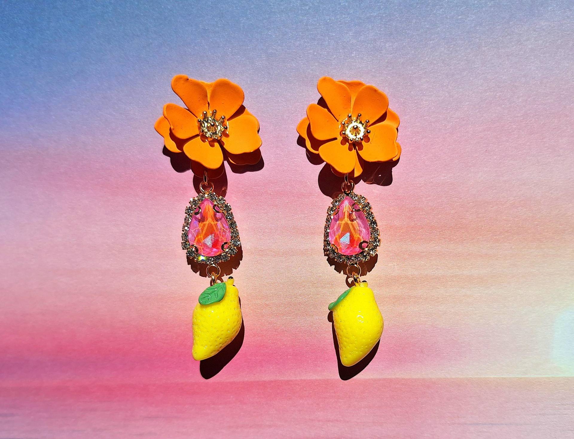 Summer Light Ohrstecker Blume, Metall, Orange, Glasstein, Zitrone Charm, Leicht, Frucht, Blüte von mysupermood