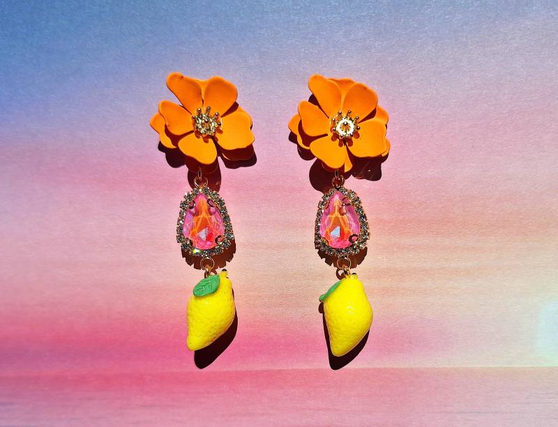 Summer Light Ohrstecker Blume, Metall, Orange, Glasstein, Zitrone Charm, Leicht, Frucht, Blüte von mysupermood