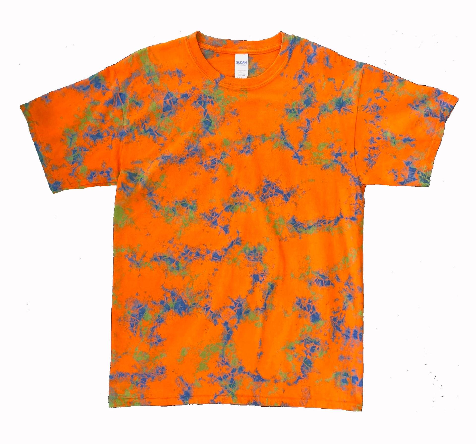 Rundhals-T-Shirt S M L Xl Orange Grün Blau Hand Shibori Krawatte Farbstoff Rundhals-T-Shirt S M L Xl Orange Grün Blau Hand Shibori Krawatte Farbstoff von mythosmade