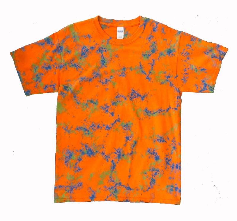 Rundhals-T-Shirt S M L Xl Orange Grün Blau Hand Shibori Krawatte Farbstoff Rundhals-T-Shirt S M L Xl Orange Grün Blau Hand Shibori Krawatte Farbstoff von mythosmade