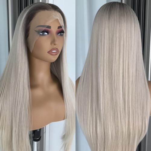 13 x 4 cm lange gerade Kunsthaarperücke für Damen, vorgezogener Haaransatz, Platinblond Ombré mit braunen Wurzeln, hitzebeständige Faser-Perücken ohne 13 x 4 cm lange gerade Kunsthaarperücke für Damen, vorgezogener Haaransatz, Platinblond Ombré mit braunen Wurzeln, hitzebeständige Faser-Perücken ohne von mytonecoo
