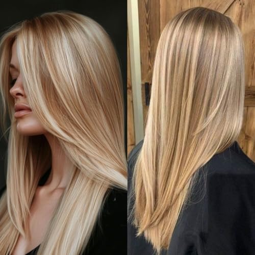 mytonecoo Blond mit braunen Reflexen, Frontperücke, Spitze, gerade, für Damen, hervorgehobene braune Kunstspitze, vorgezogene Perücke ohne Kleber von mytonecoo