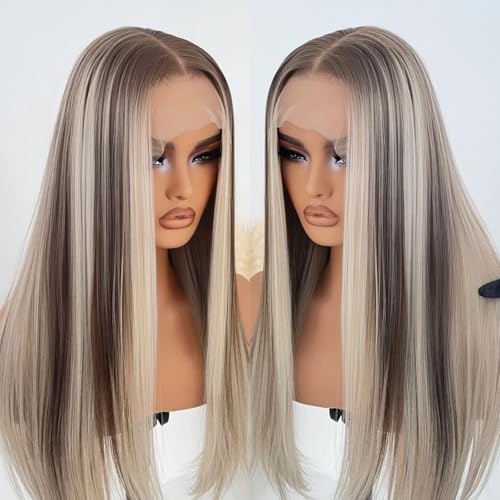 mytonecoo Highlight Spitzenperücke, Aschblond, gebrauchsfertig, HD, ohne Klebstoff, 13 x 4, synthetische Perücke für Frauen, 66 cm (26 Zoll), 180 Dichte vor dem Start von mytonecoo