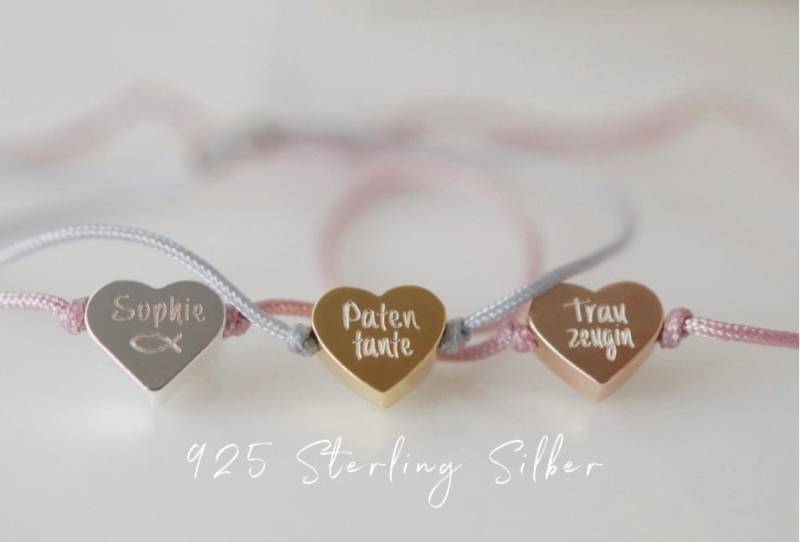 Armband Herz Gravur Nylon Personalisiert Schiebeknoten Verstellbar Filigran Trauzeugin Kommunion Taufe Gravurplättchen Geschenk Patentante von myvenajwls