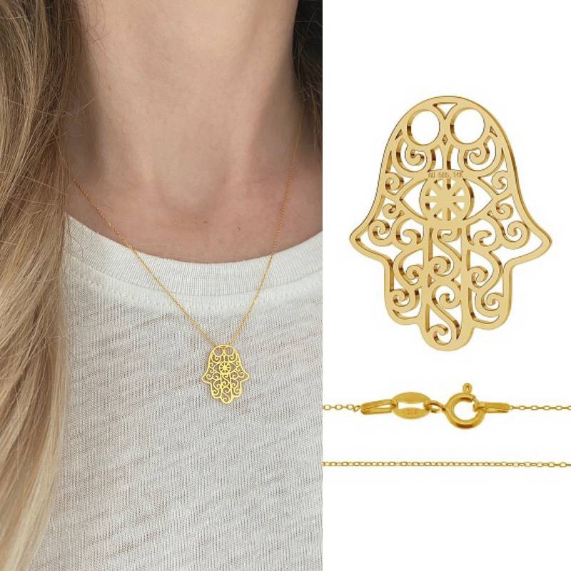 Echtschmuck Kette 585 Gold 14K + Hamsa Anhänger Delicate Necklace Reines von myvenajwls