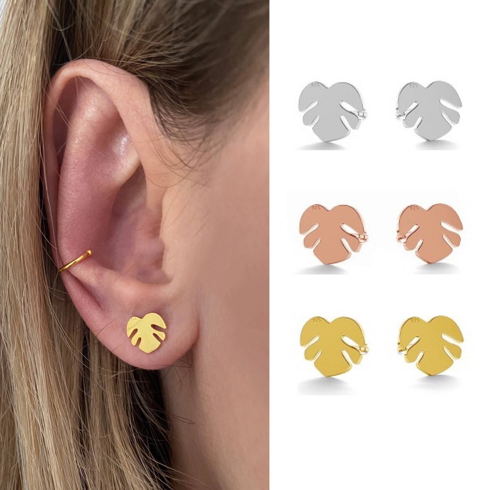 Monstera Ohrstecker 925 Sterling Silber Oder Vergoldet Rosé Blatt Ohrringe Stecker Layering Look von myvenajwls