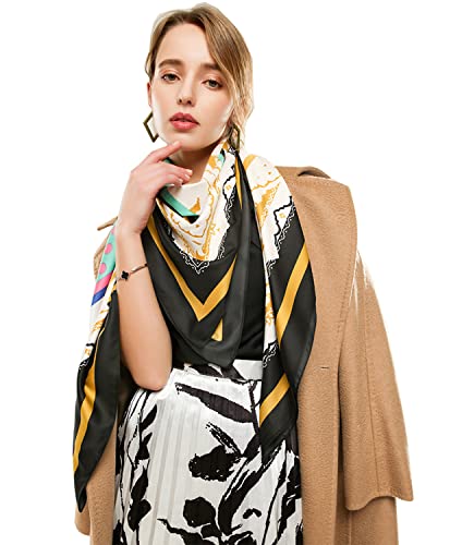 n Damen Seidenschal Elegant Seidentücher mit Kunstdruck Frauen Seiden Satin Quadrat Schal Halstuch Tücher Scarves, 135x135cm von n\c